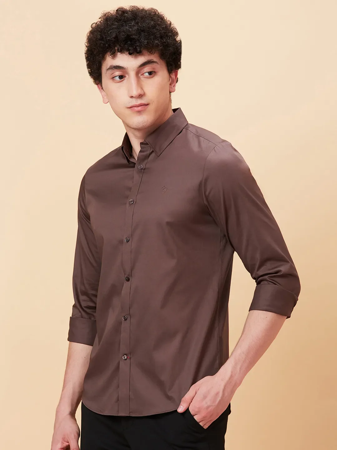 Brown Slim Straight Fit Regular Collar Long Sleeves Men's Shirt by Being Human Clothing - Image 4