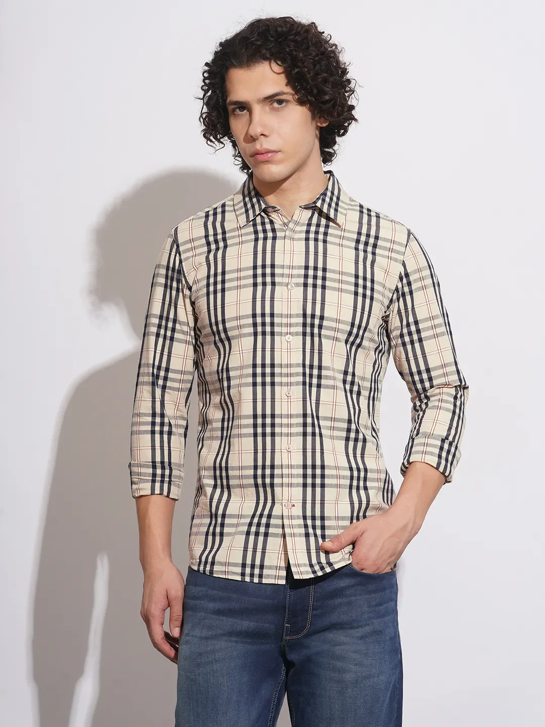 Beige Slim Straight Fit Regular Collar Long Sleeves Men's Shirt by Being Human Clothing