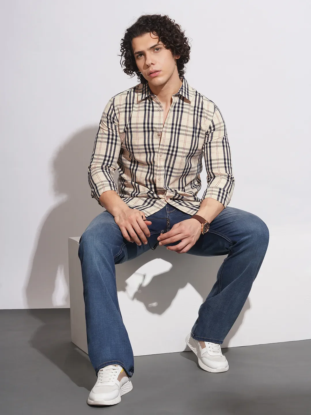 Beige Slim Straight Fit Regular Collar Long Sleeves Men's Shirt by Being Human Clothing - Image 4