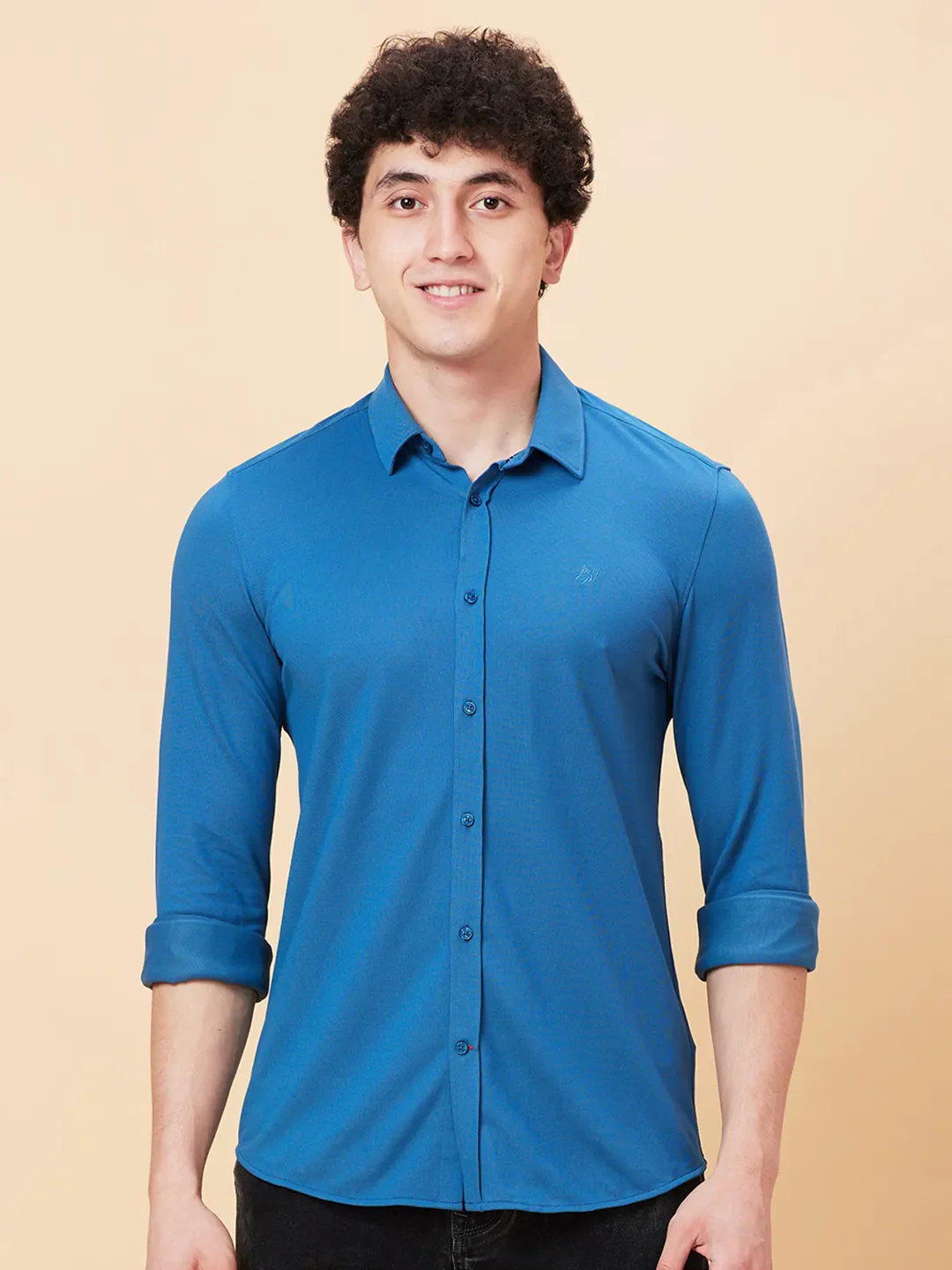Blue Slim Fit Regular Collar Men's Shirt by Being Human Clothing