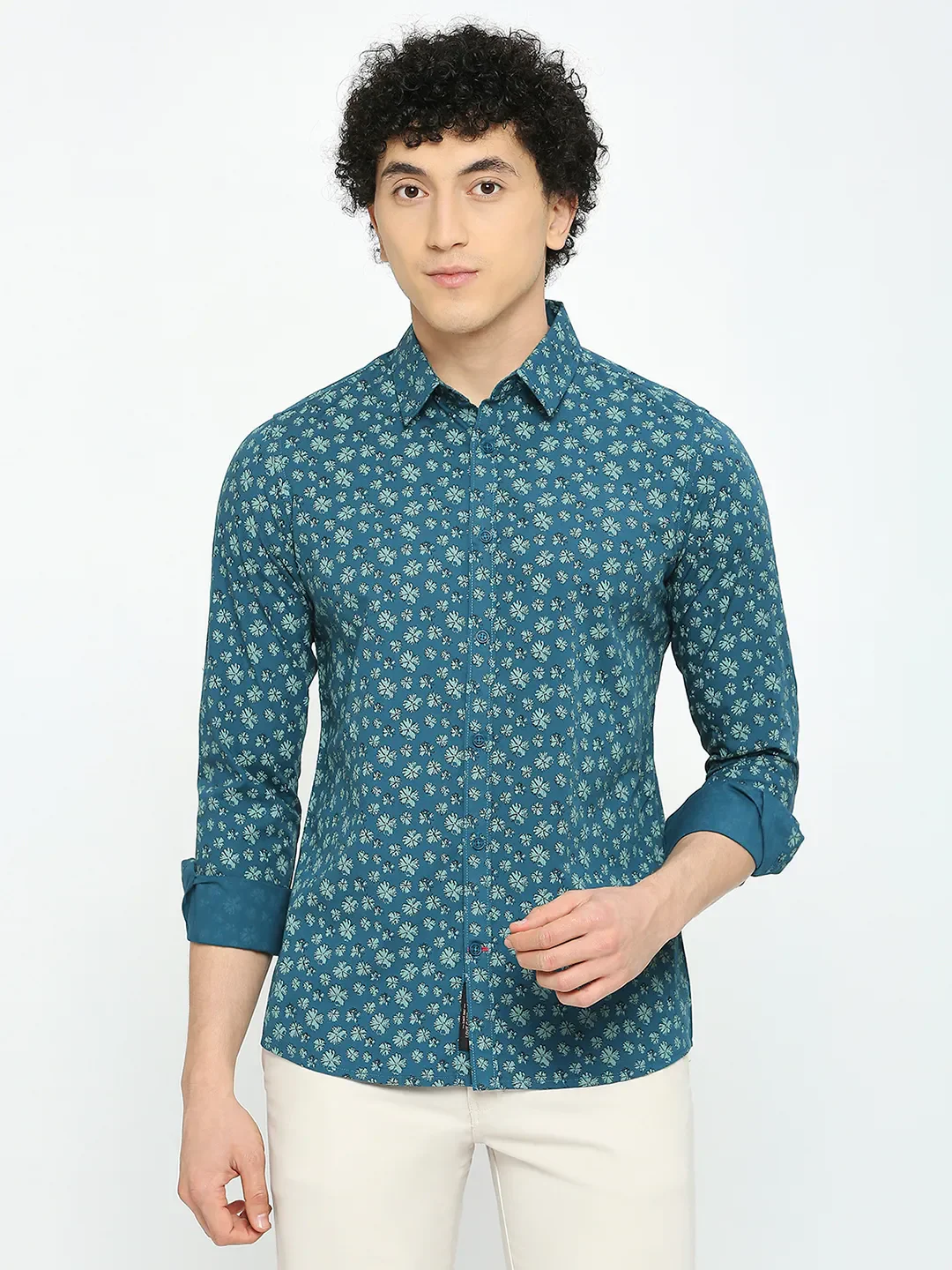 Green Slim Straight Fit Regular Collar Long Sleeves Men's Shirt by Being Human Clothing - Image 3