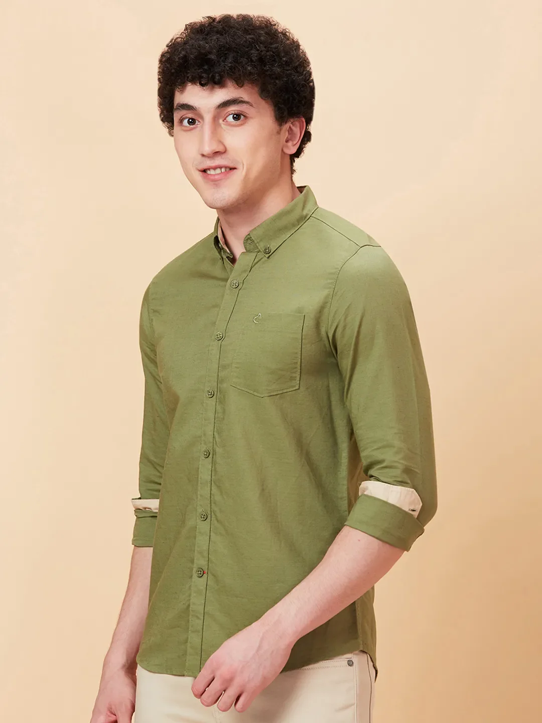 Olive Slim Straight Fit Regular Collar Long Sleeves Men's Shirt by Being Human Clothing - Image 4