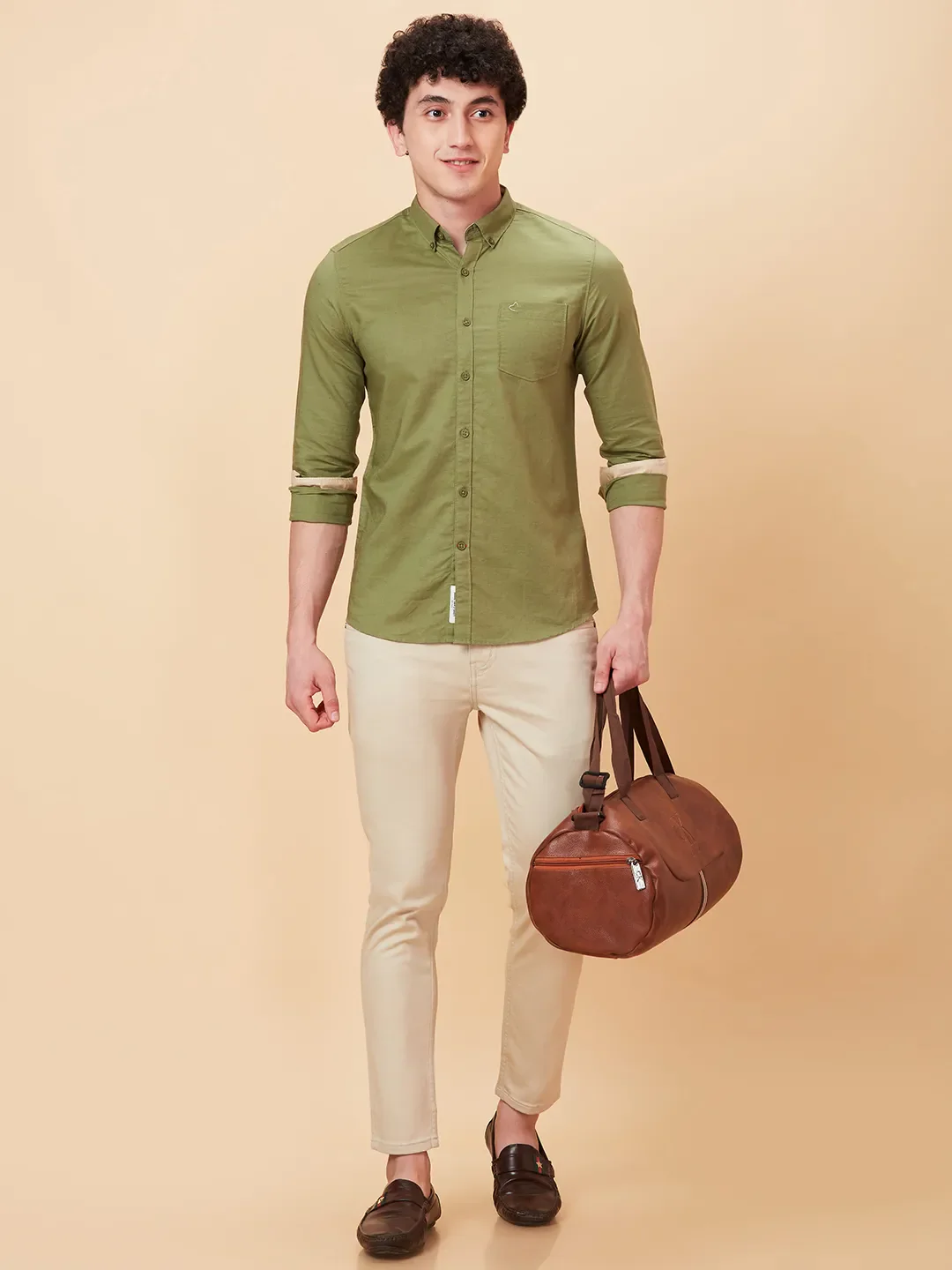 Olive Slim Straight Fit Regular Collar Long Sleeves Men's Shirt by Being Human Clothing - Image 6