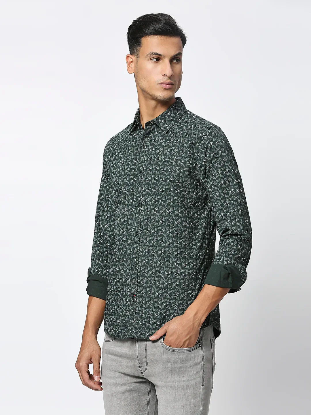 Olive Slim Straight Fit Regular Collar Long Sleeves Men's Shirt by Being Human Clothing - Image 2
