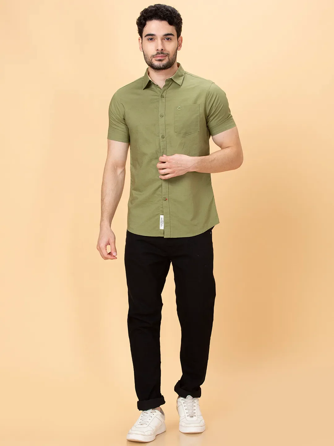 Olive Slim Straight Fit Regular Collar Short Sleeves Men's Shirt by Being Human Clothing - Image 2