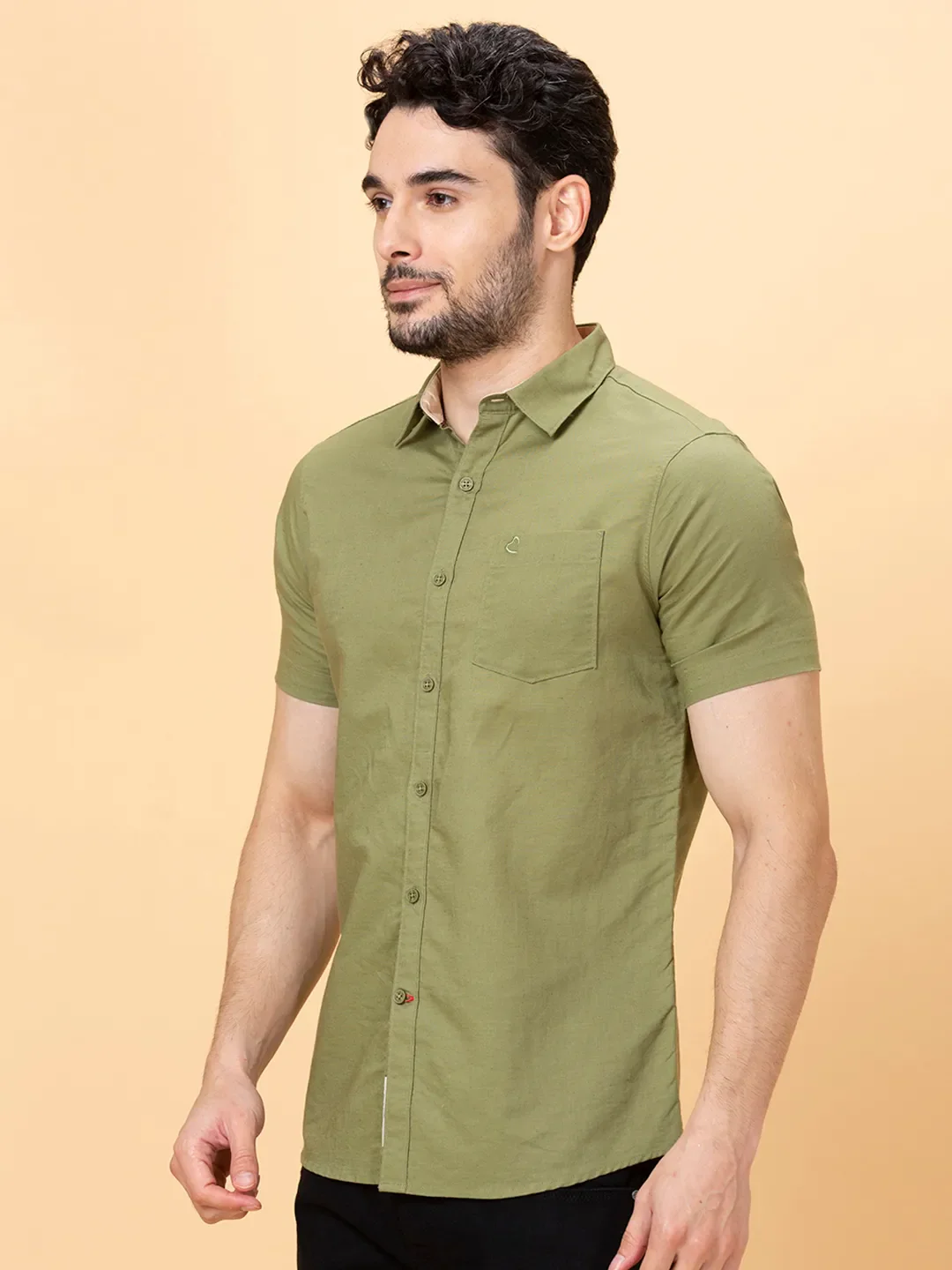 Olive Slim Straight Fit Regular Collar Short Sleeves Men's Shirt by Being Human Clothing - Image 4