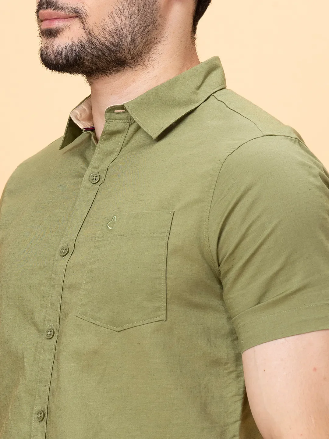 Olive Slim Straight Fit Regular Collar Short Sleeves Men's Shirt by Being Human Clothing - Image 5