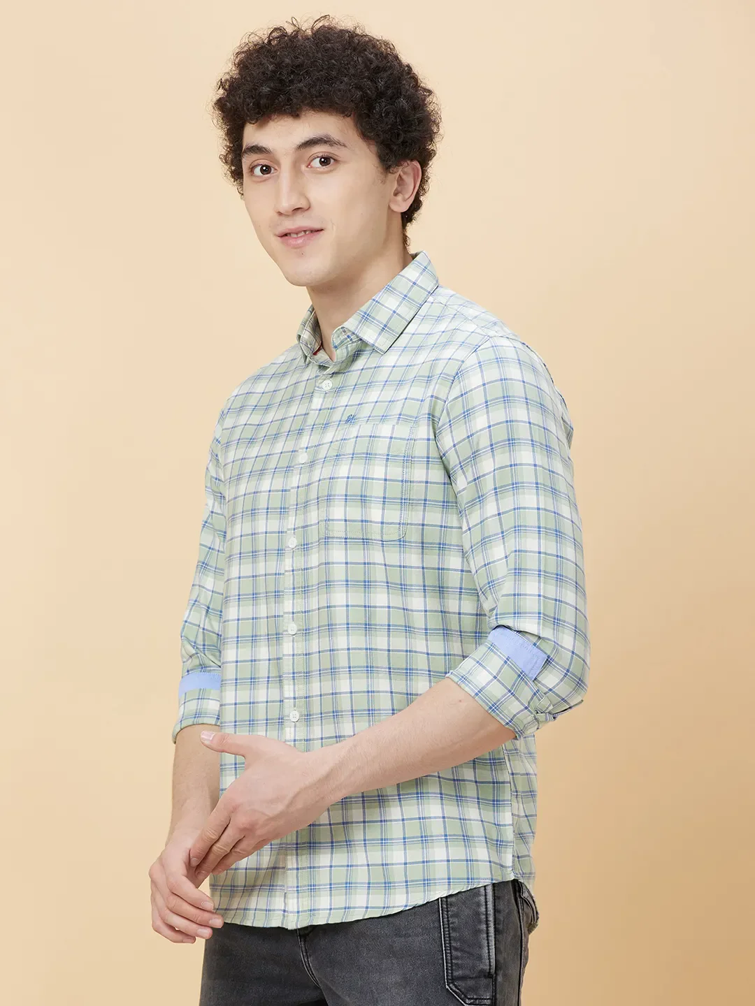 Green Slim Straight Fit Regular Collar Long Sleeves Men's Shirt by Being Human Clothing - Image 3