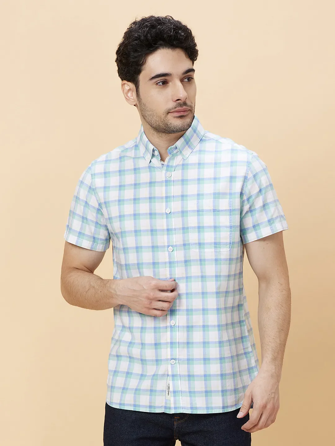Green Slim Straight Fit Regular Collar Short Sleeves Men's Shirt by Being Human Clothing