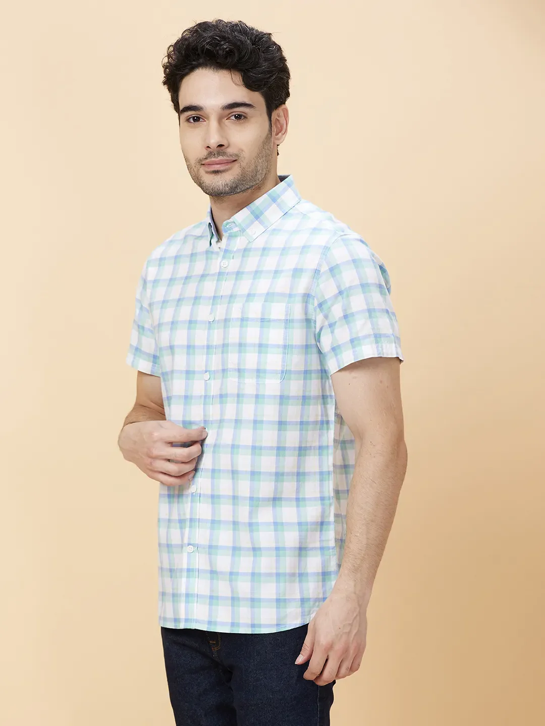 Green Slim Straight Fit Regular Collar Short Sleeves Men's Shirt by Being Human Clothing - Image 3