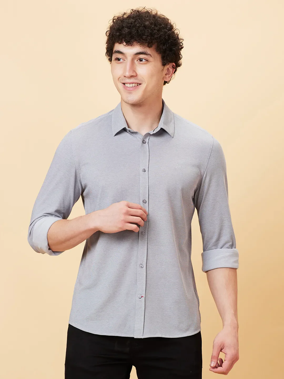 Grey Slim Fit Regular Collar Men's Shirt by Being Human Clothing