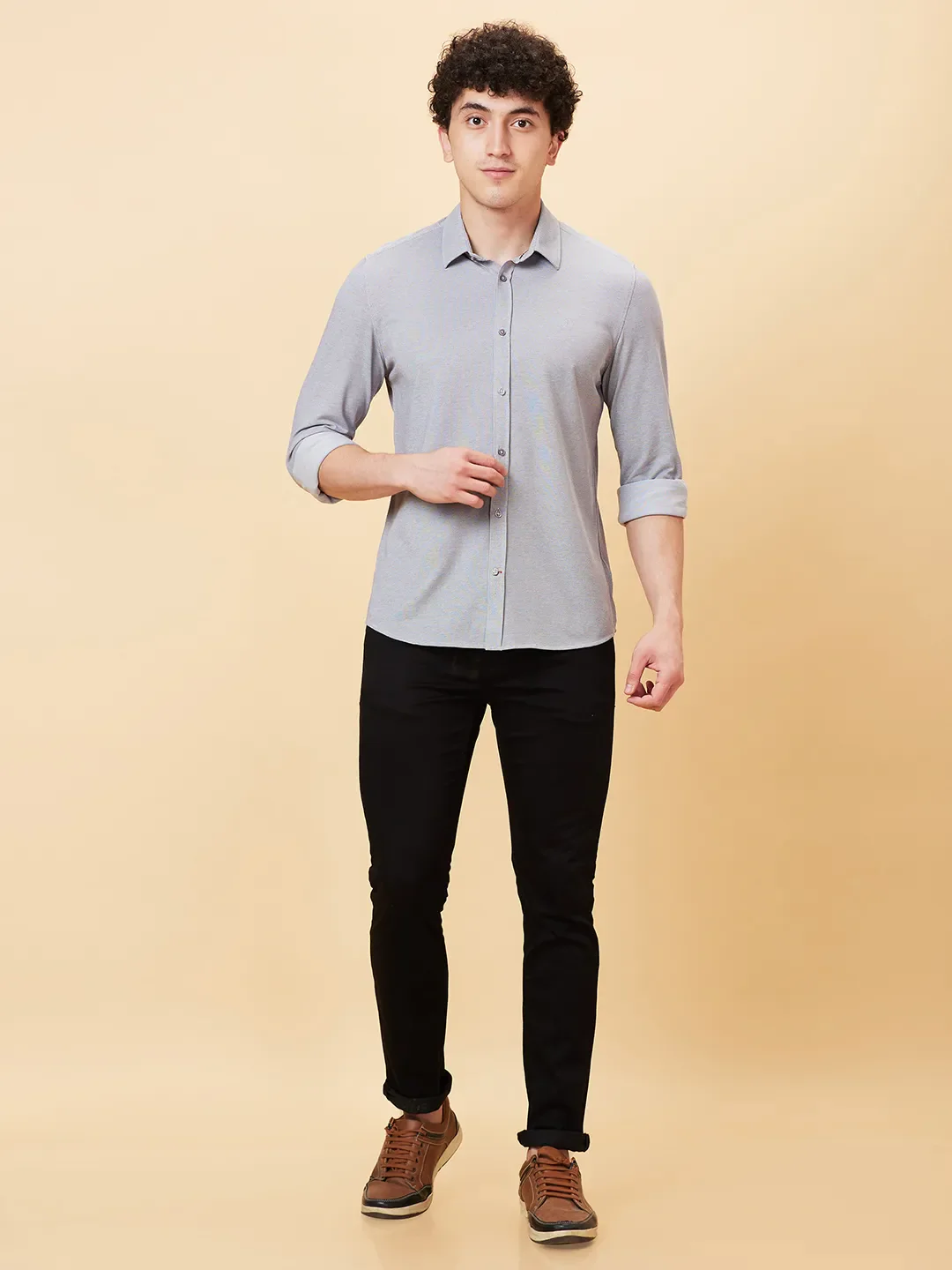 Grey Slim Fit Regular Collar Men's Shirt by Being Human Clothing - Image 6