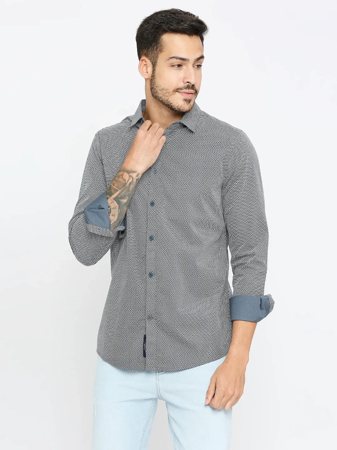 Grey Slim Straight Fit Regular Collar Long Sleeves Men's Shirt by Being Human Clothing