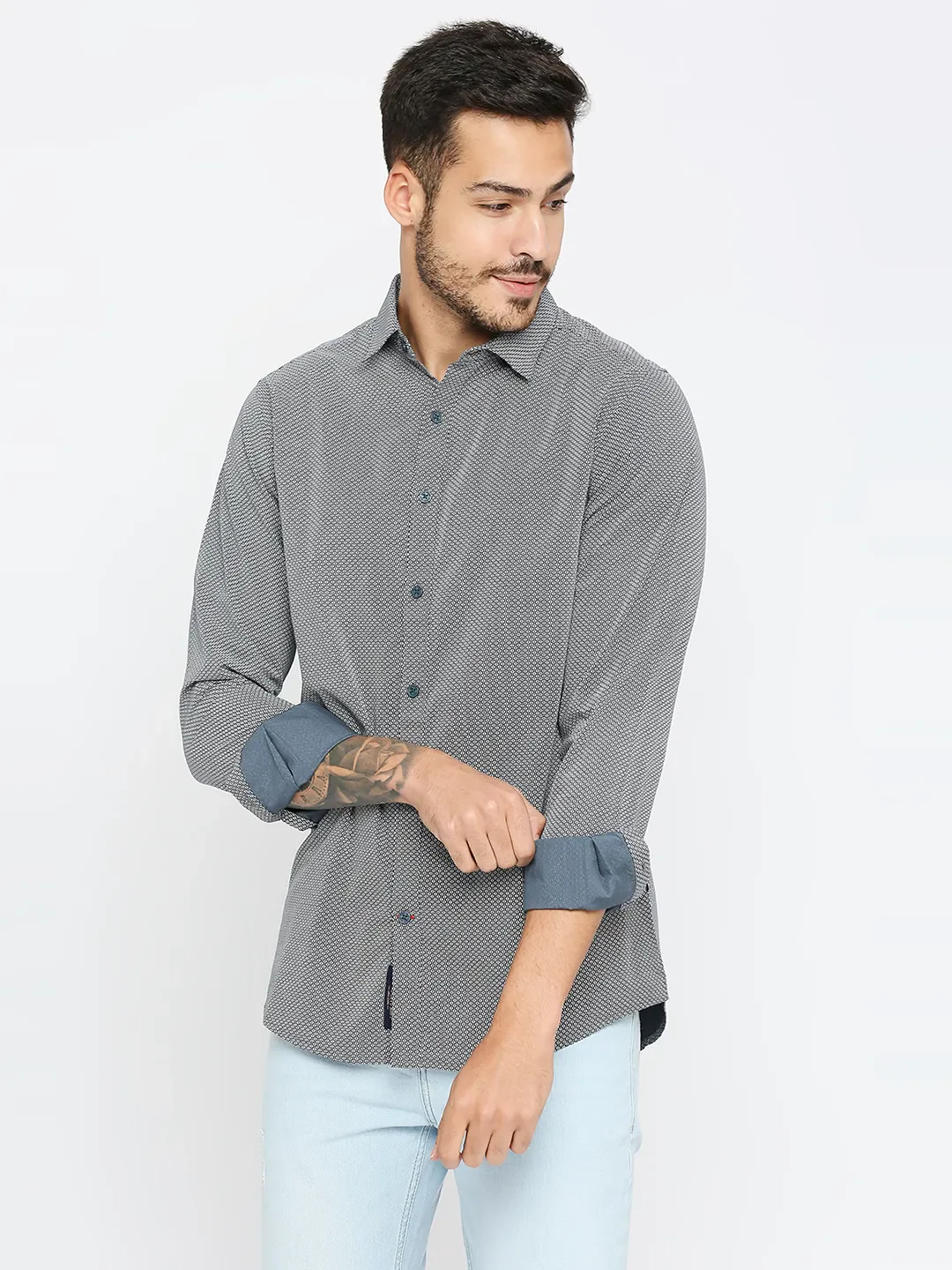 Grey Slim Straight Fit Regular Collar Long Sleeves Men's Shirt by Being Human Clothing - Image 2