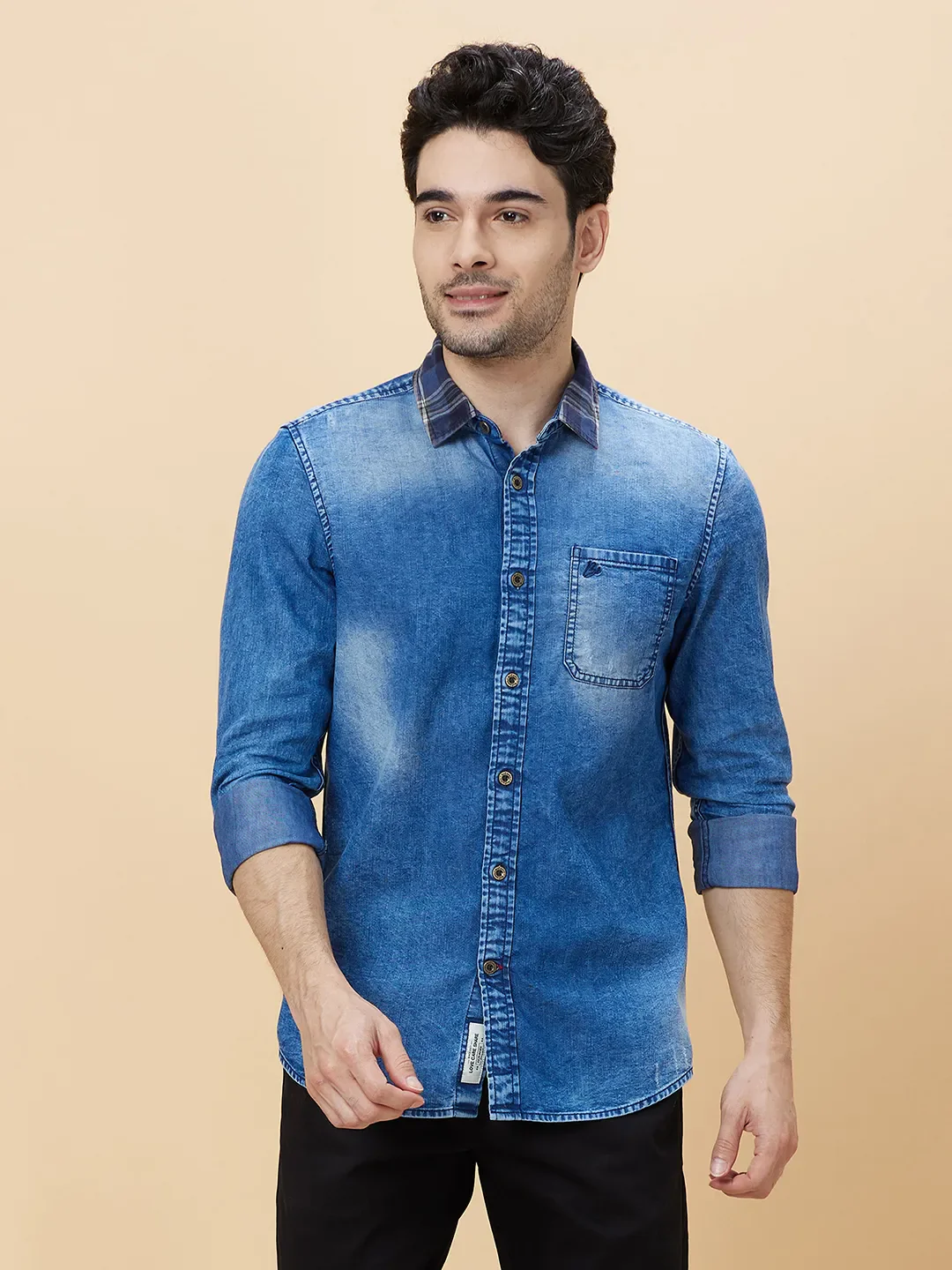 Indigo Slim Fit Regular Collar Men's Shirt by Being Human Clothing
