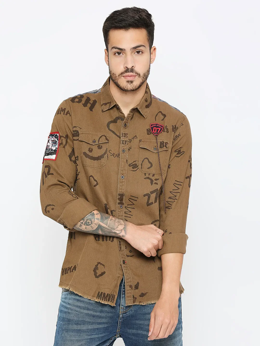 Khaki Slim Straight Fit Regular Collar Long Sleeves Men's Shirt by Being Human Clothing