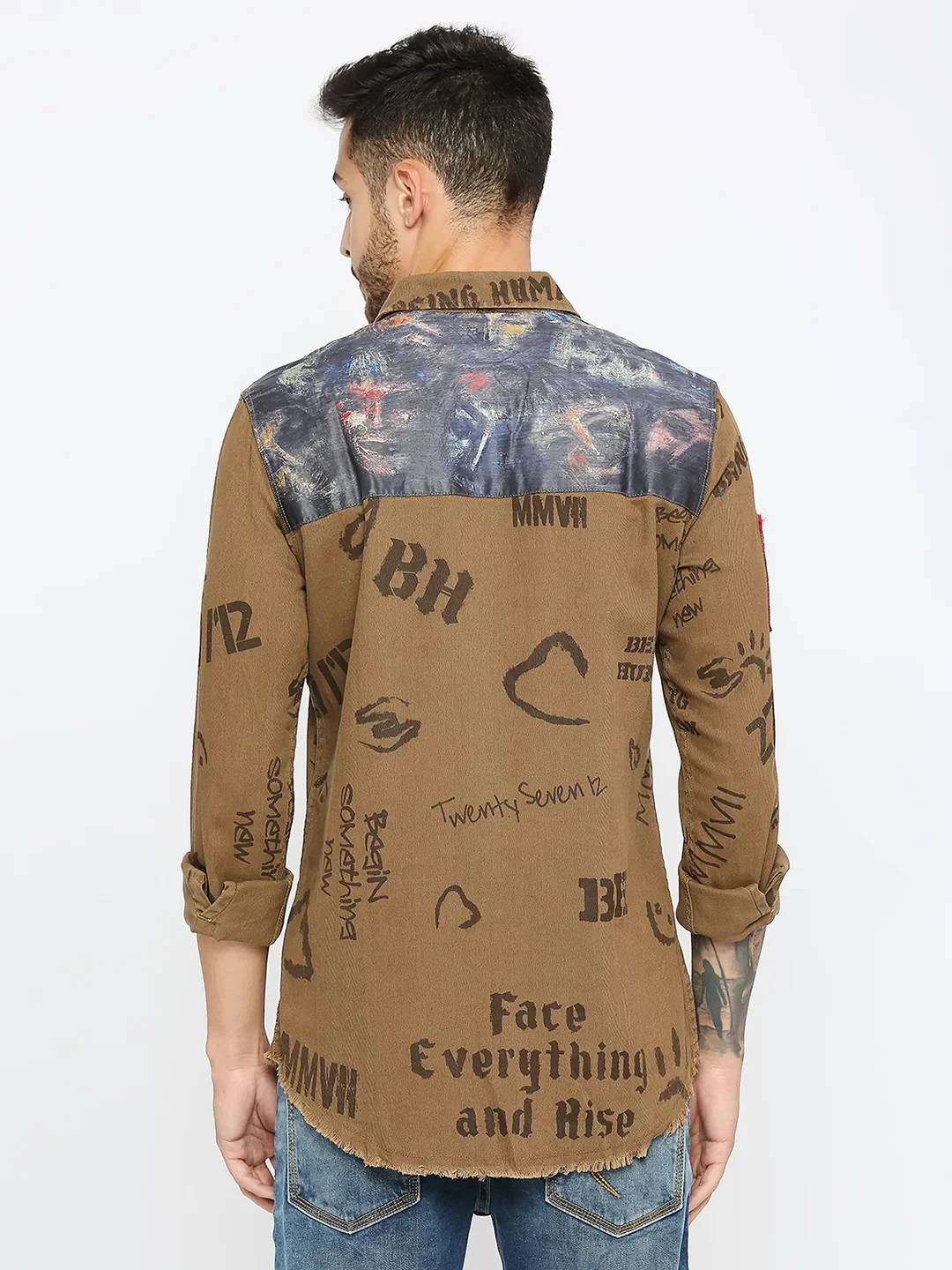 Khaki Slim Straight Fit Regular Collar Long Sleeves Men's Shirt by Being Human Clothing - Image 4