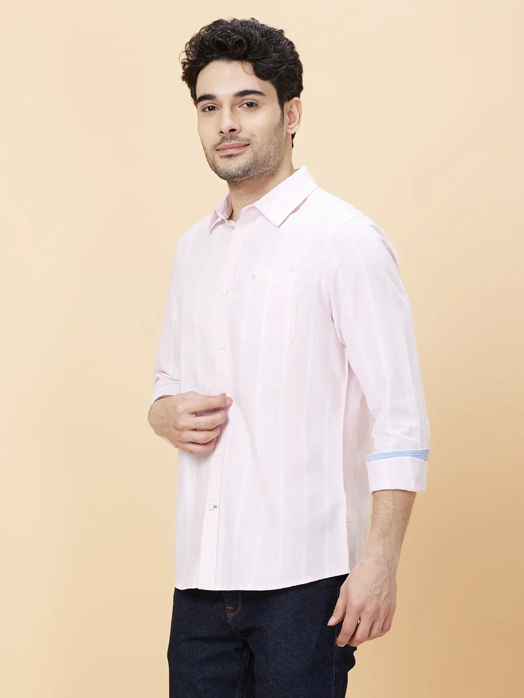 Light Pink Slim Fit Regular Collar Men's Shirt by Being Human Clothing - Image 3