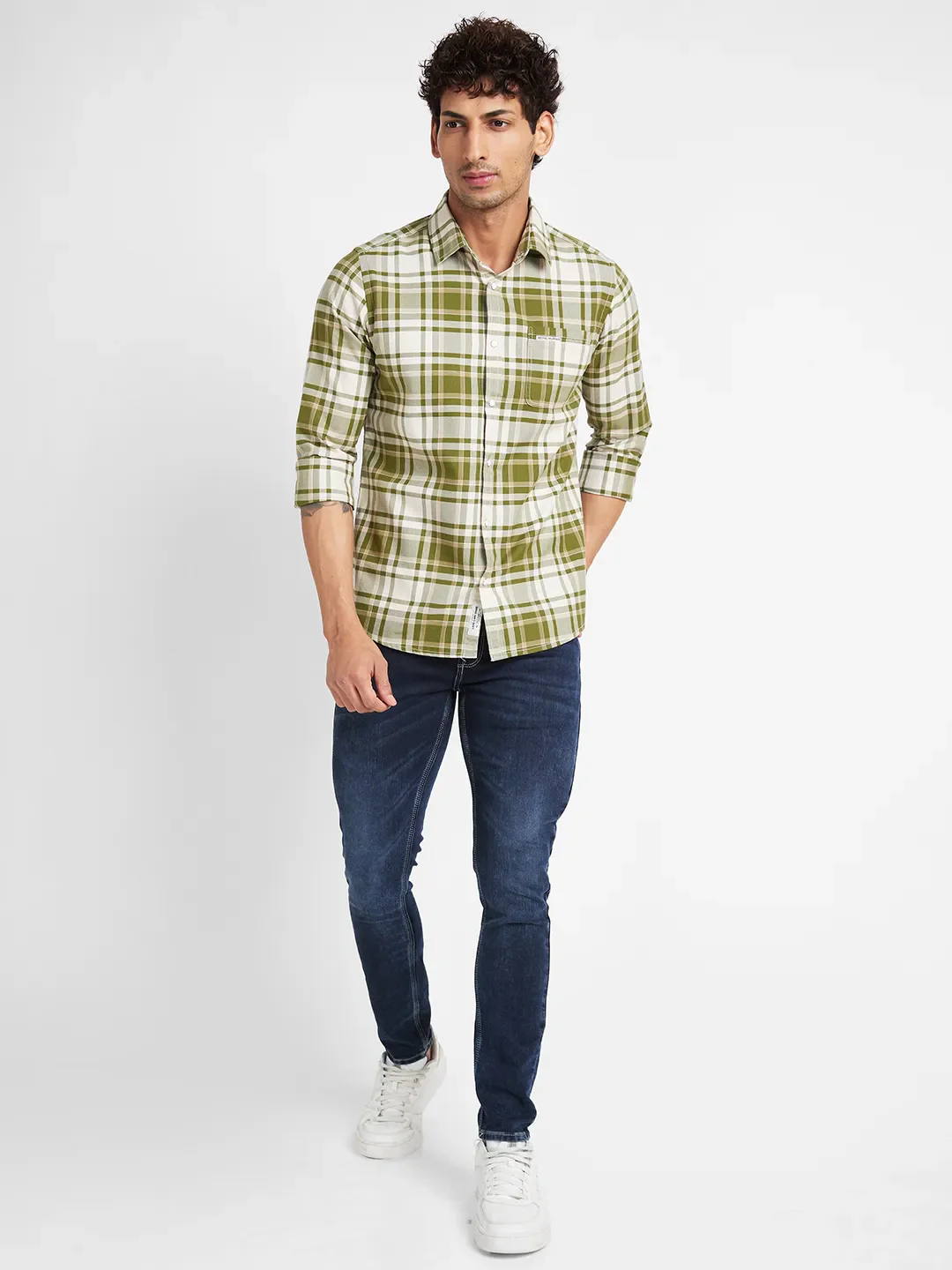 Light Olive Slim Fit Regular Collar Men's Shirt by Being Human Clothing - Image 2