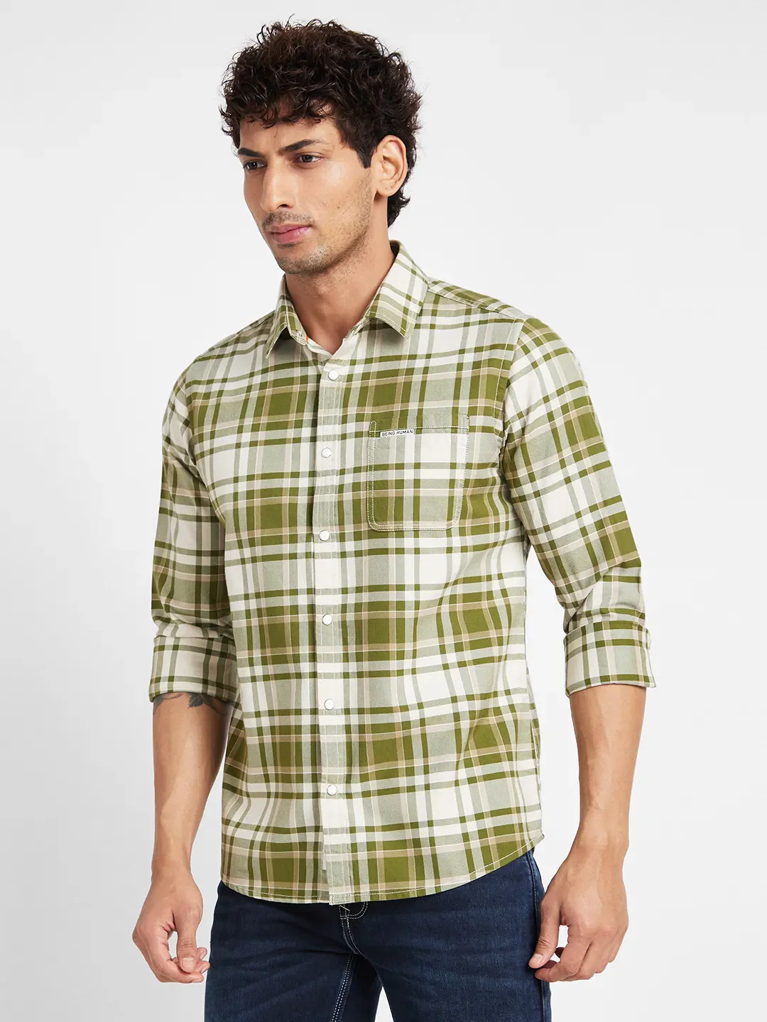 Light Olive Slim Fit Regular Collar Men's Shirt by Being Human Clothing - Image 3