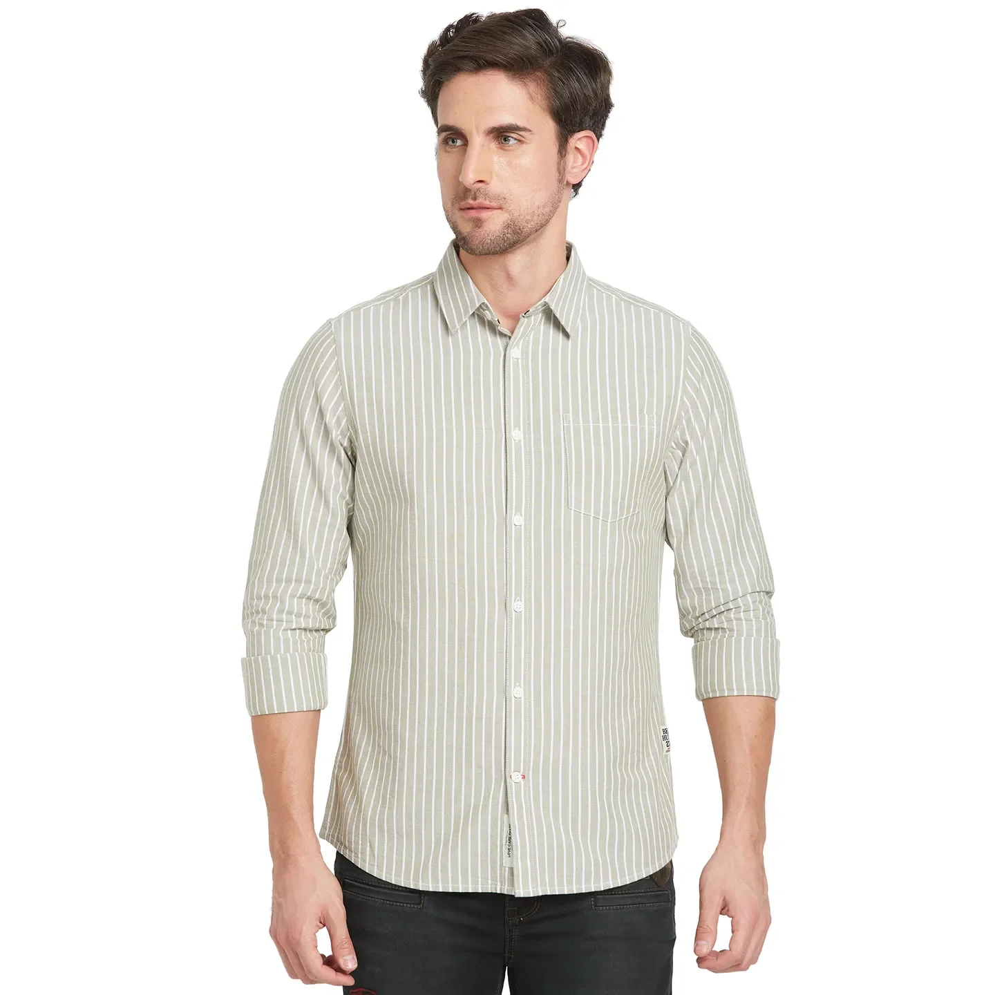 Olive Slim Straight Fit Regular Collar Long Sleeves Men's Shirt by Being Human Clothing