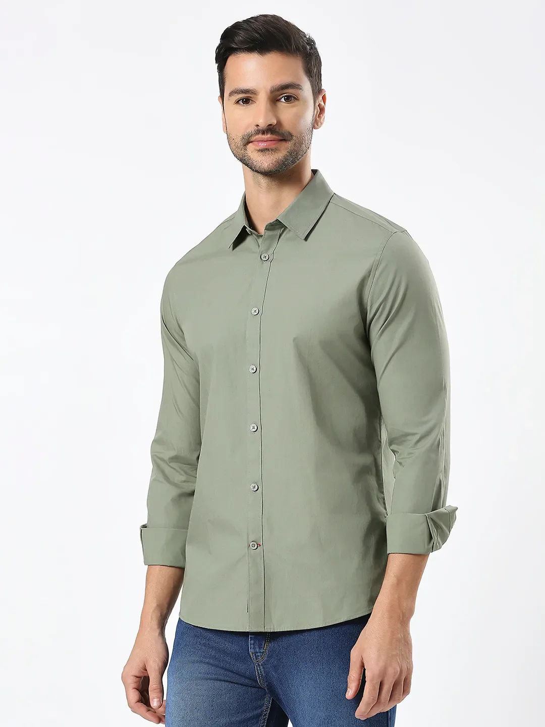 Green Slim Straight Fit Regular Collar Long Sleeves Men's Shirt by Being Human Clothing - Image 2