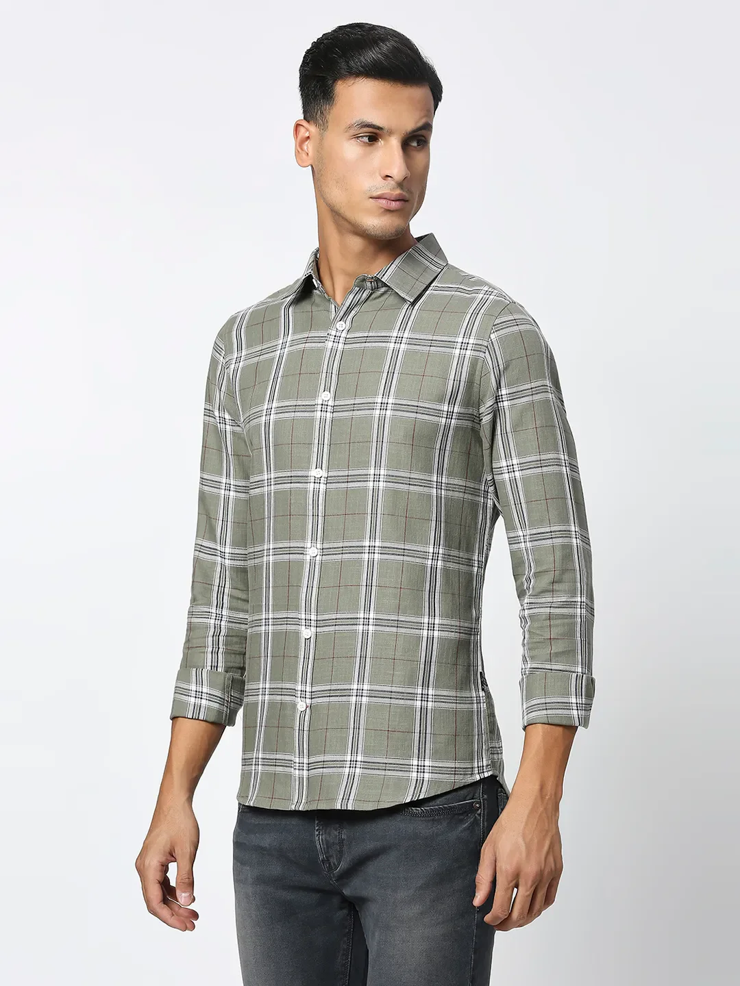 Light Olive Slim Fit Regular Collar Men's Shirt by Being Human Clothing - Image 2