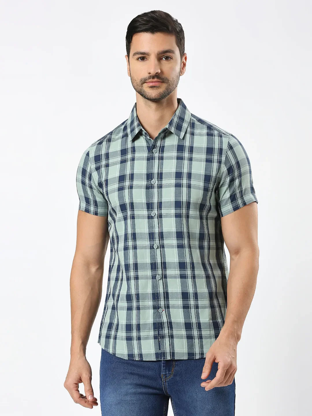Olive Slim Straight Fit Regular Collar Short Sleeves Men's Shirt by Being Human Clothing