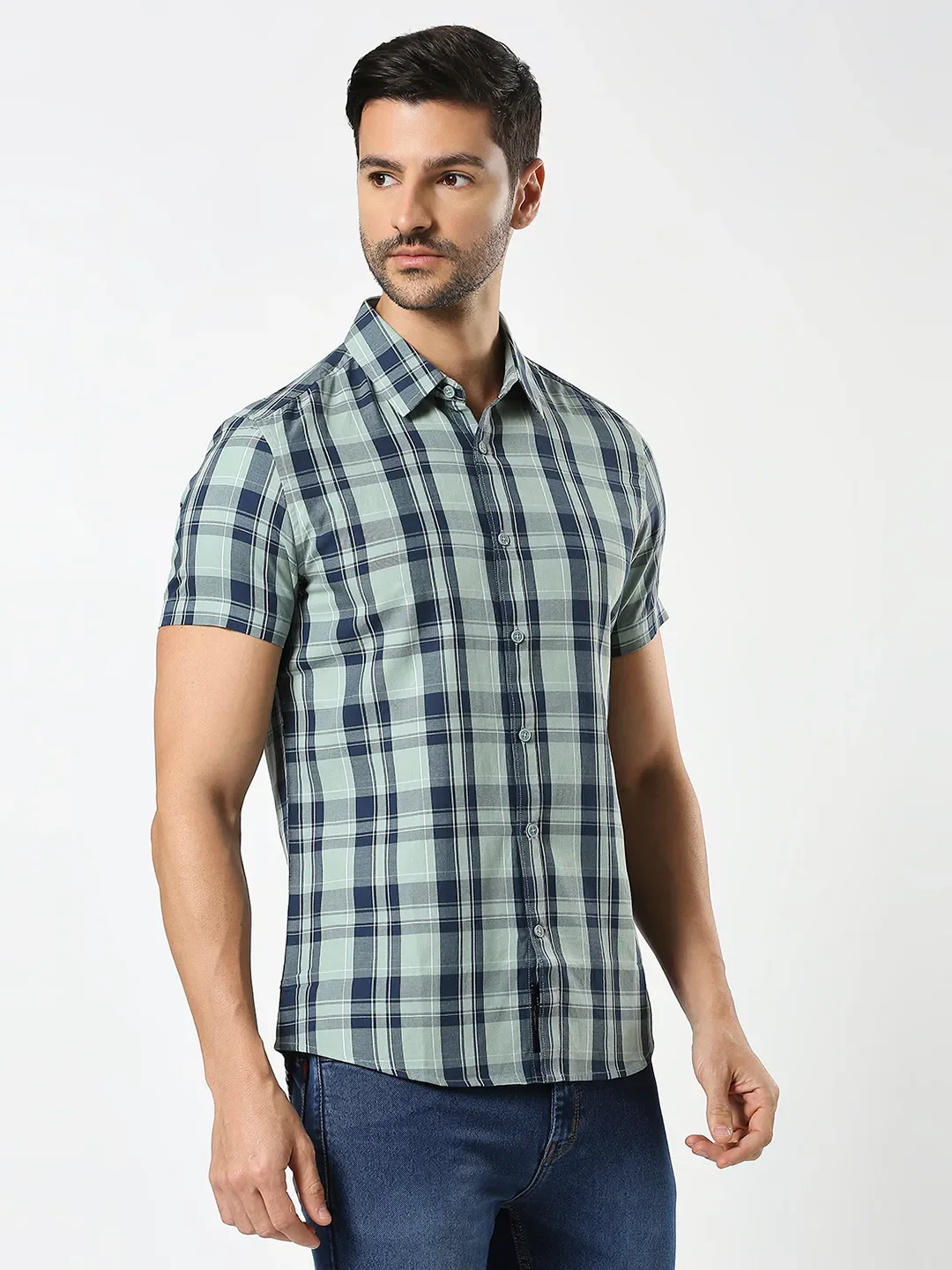 Olive Slim Straight Fit Regular Collar Short Sleeves Men's Shirt by Being Human Clothing - Image 3