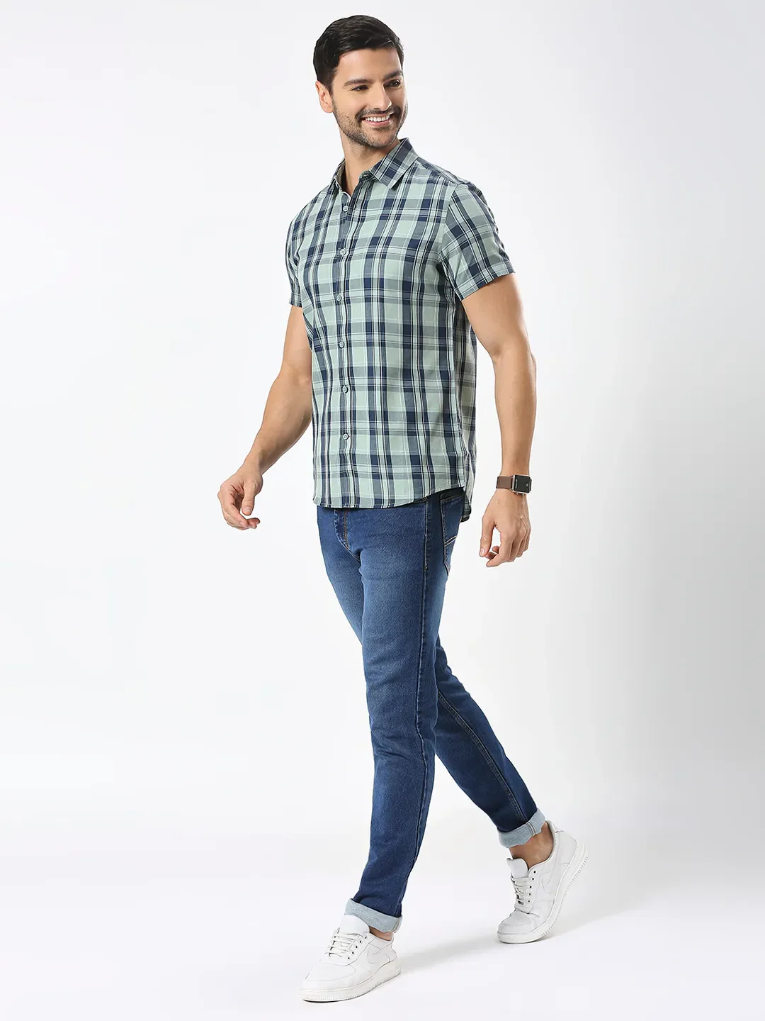Olive Slim Straight Fit Regular Collar Short Sleeves Men's Shirt by Being Human Clothing - Image 6