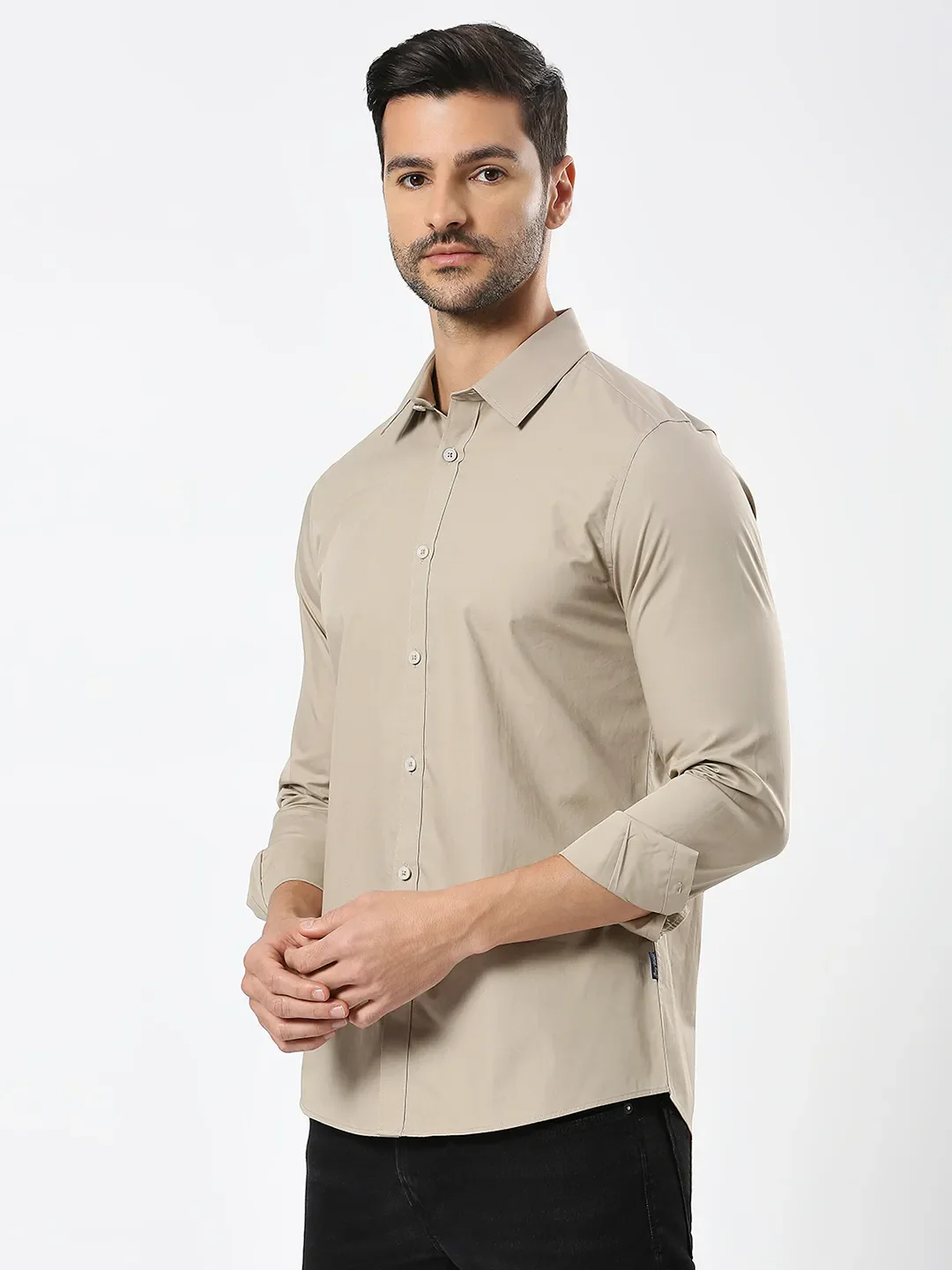 Khaki Slim Straight Fit Regular Collar Long Sleeves Men's Shirt by Being Human Clothing - Image 2