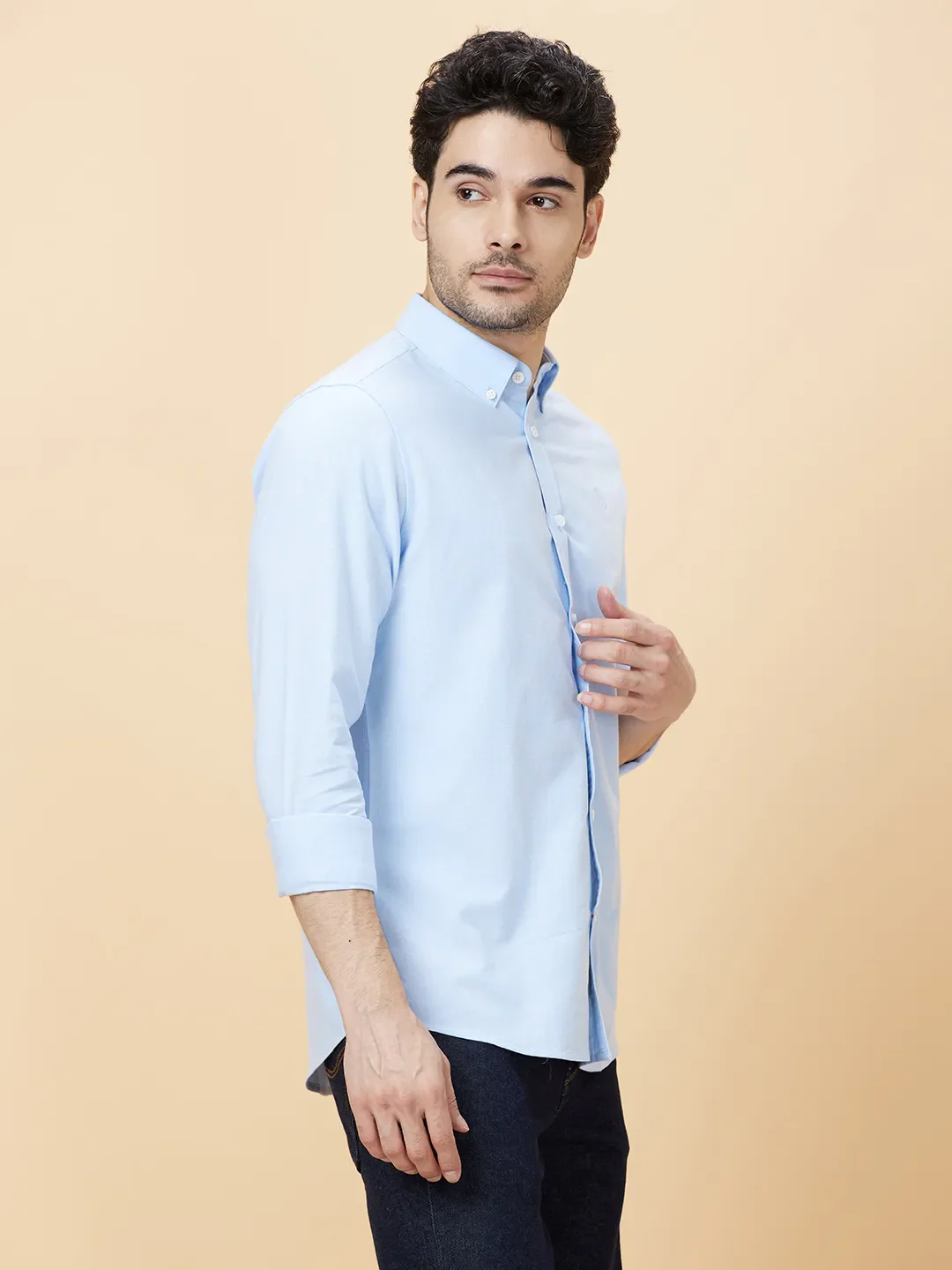 Blue Slim Straight Fit Regular Collar Long Sleeves Men's Shirt by Being Human Clothing - Image 3