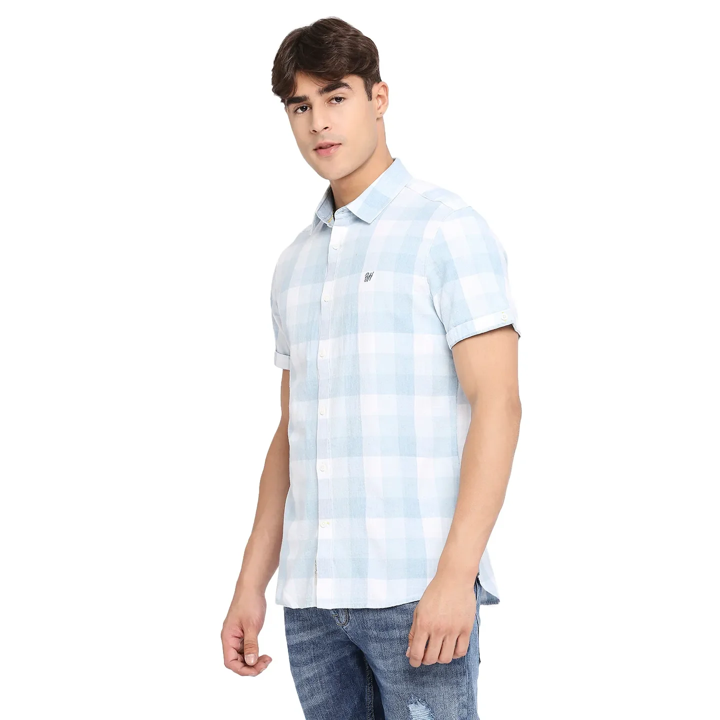 Blue Slim Straight Fit Regular Collar Short Sleeves Cotton Men's Shirt by Being Human Clothing - Image 2
