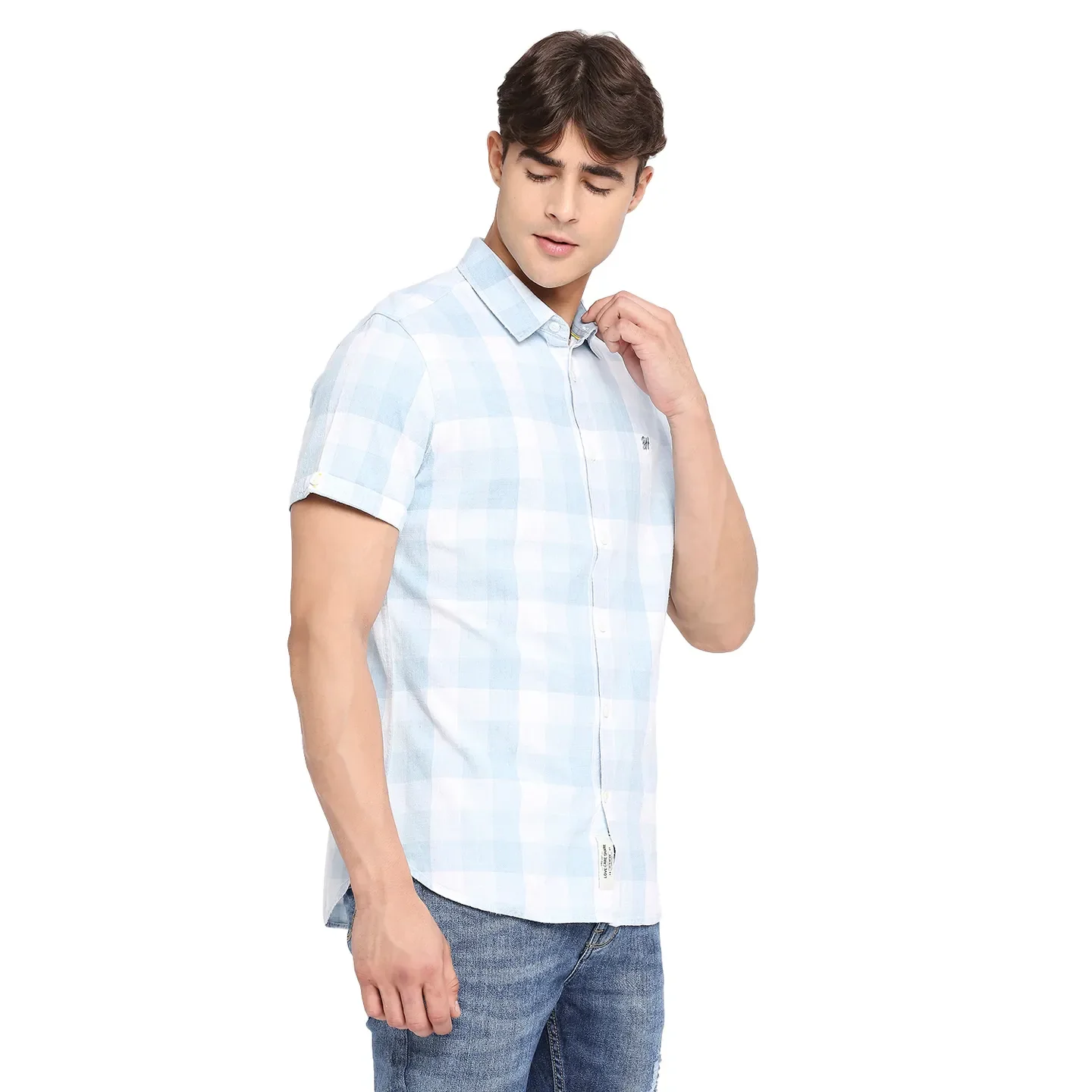 Blue Slim Straight Fit Regular Collar Short Sleeves Cotton Men's Shirt by Being Human Clothing - Image 3