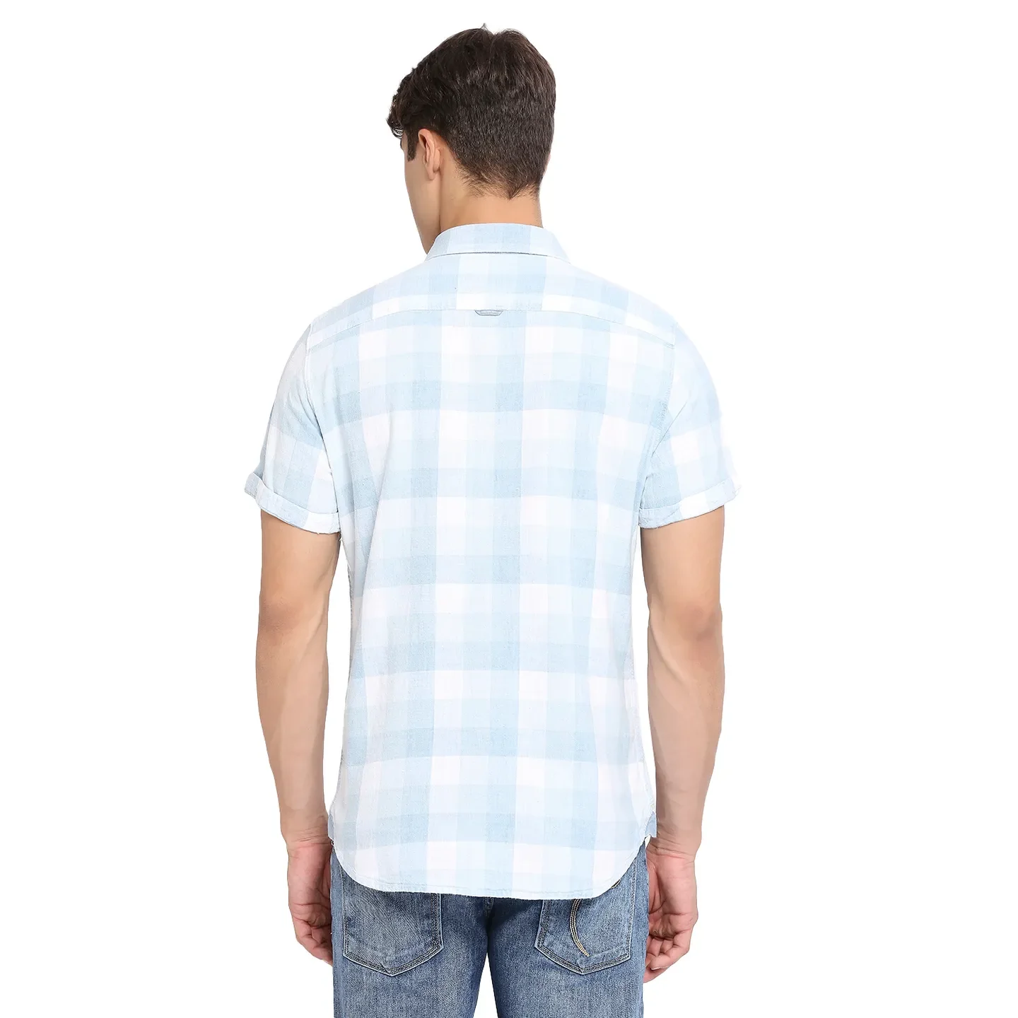 Blue Slim Straight Fit Regular Collar Short Sleeves Cotton Men's Shirt by Being Human Clothing - Image 4