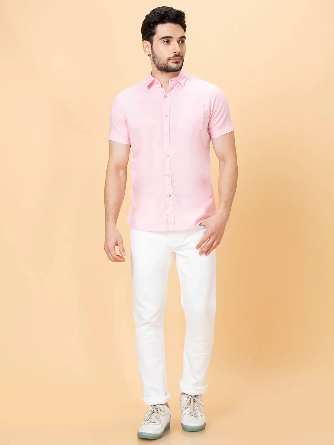 Pink Slim Straight Fit Regular Collar Short Sleeves Men's Shirt by Being Human Clothing - Image 2