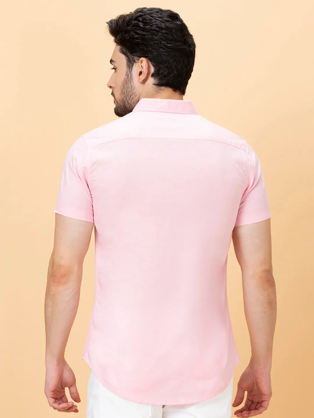 Pink Slim Straight Fit Regular Collar Short Sleeves Men's Shirt by Being Human Clothing - Image 3