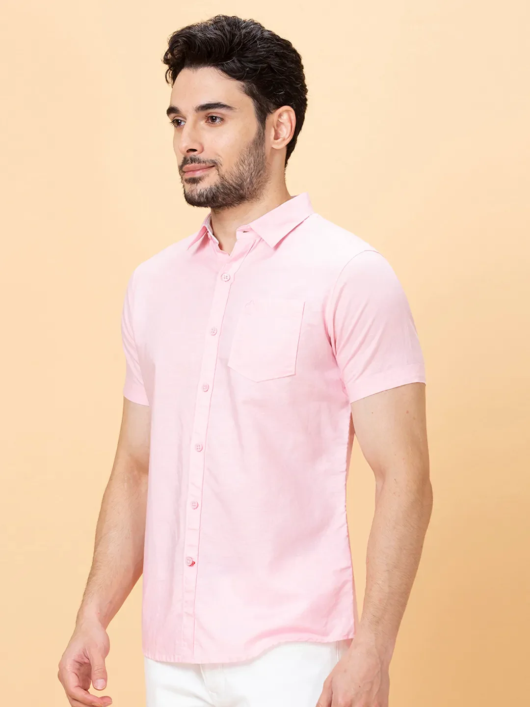 Pink Slim Straight Fit Regular Collar Short Sleeves Men's Shirt by Being Human Clothing - Image 4