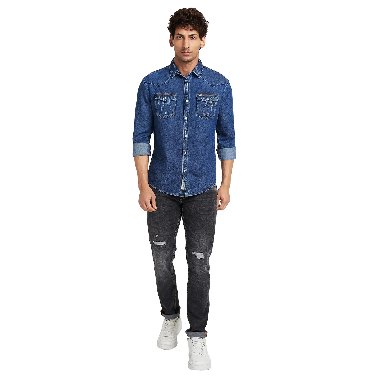 Blue Slim Straight Fit Regular Collar Long Sleeves Men's Shirt by Being Human Clothing - Image 5