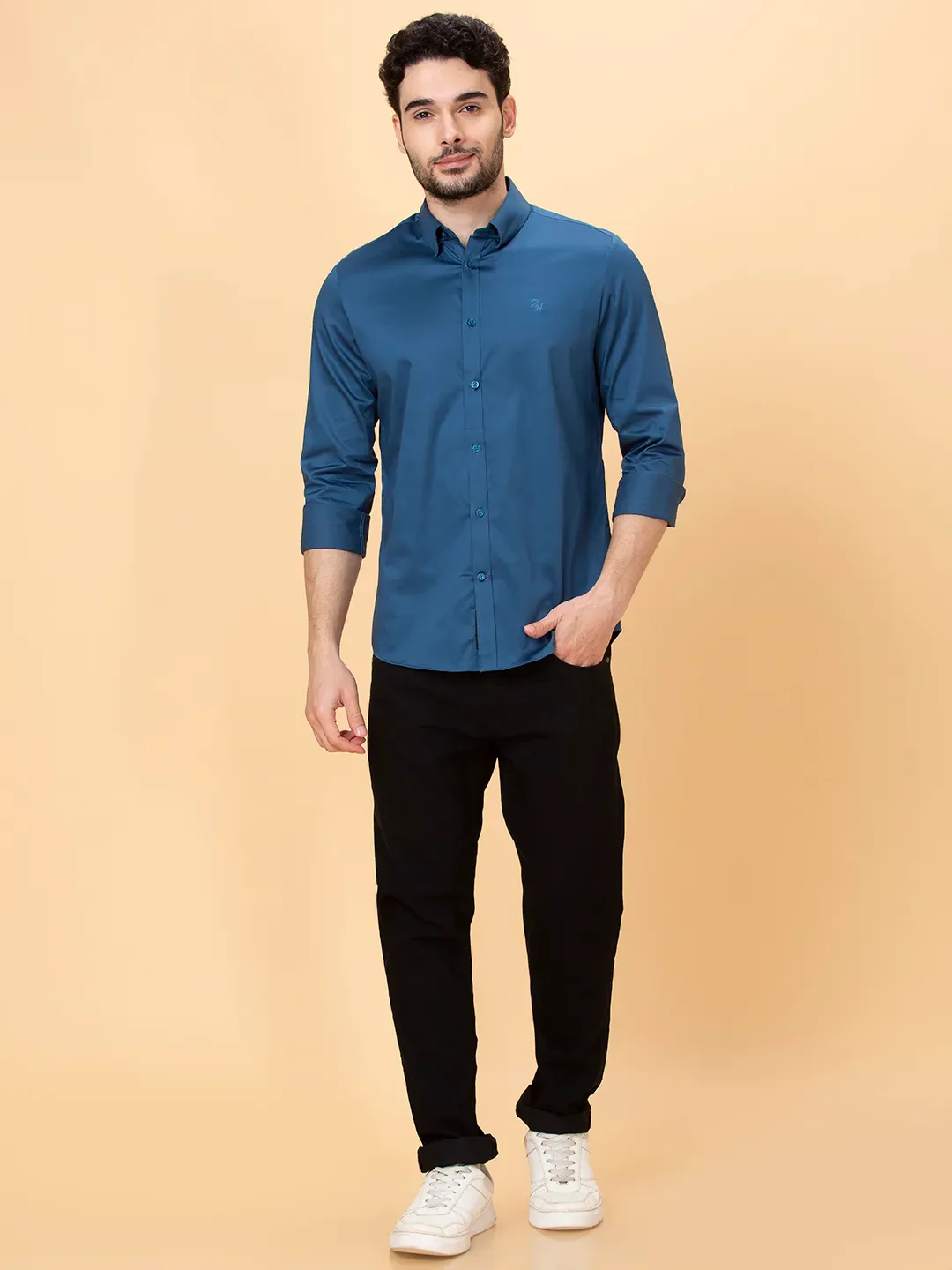 Midnight Blue Slim Fit Regular Collar Men's Shirt by Being Human Clothing - Image 2