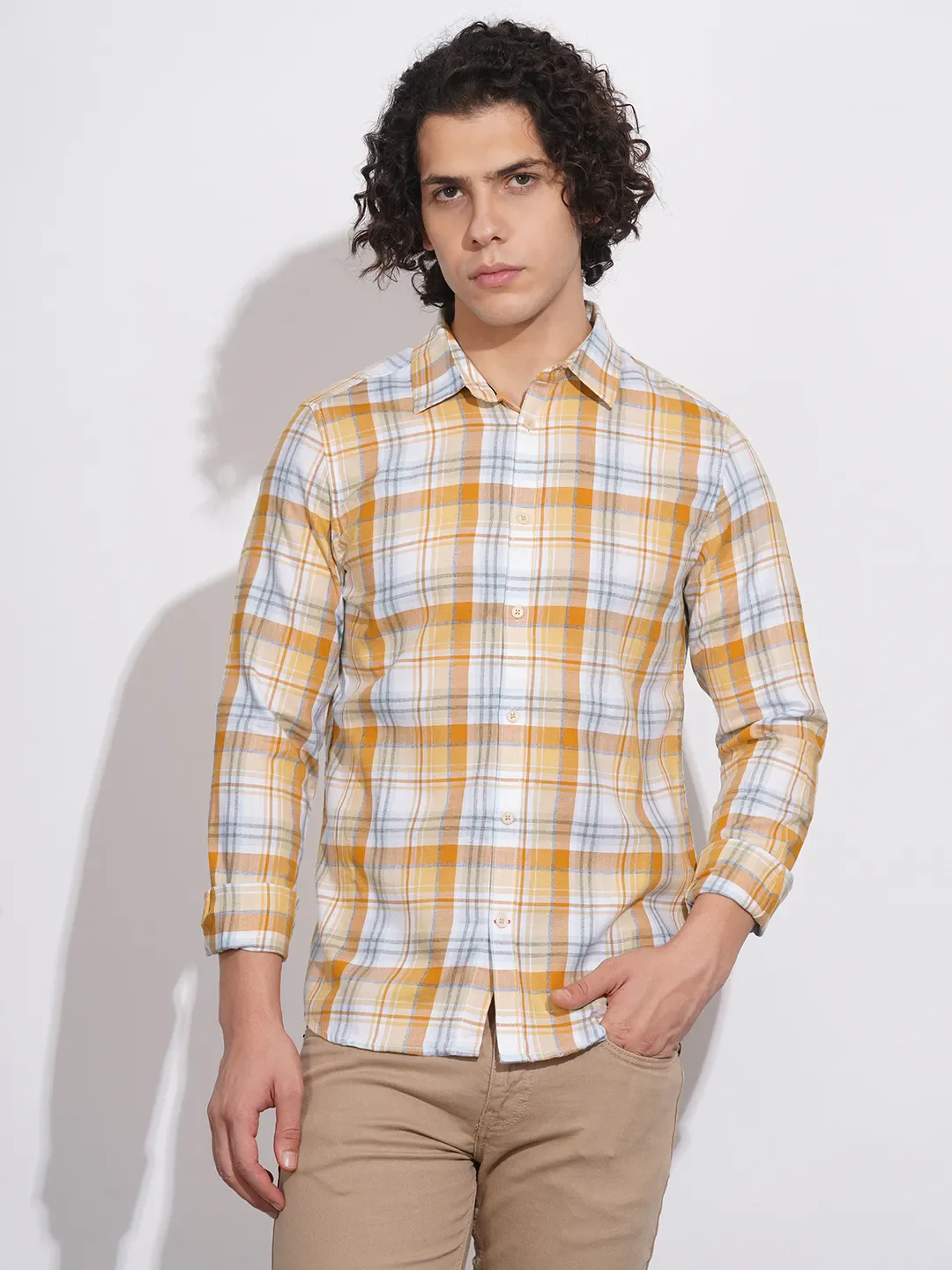 Orange Slim Straight Fit Regular Collar Long Sleeves Men's Shirt by Being Human Clothing