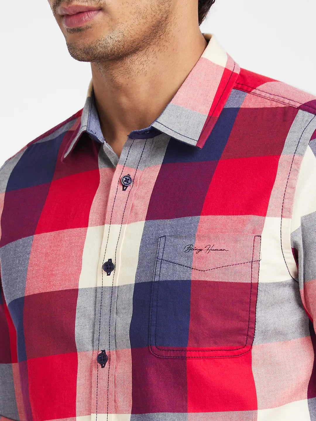 Blue Slim Straight Fit Regular Collar Long Sleeves Men's Shirt by Being Human Clothing - Image 5