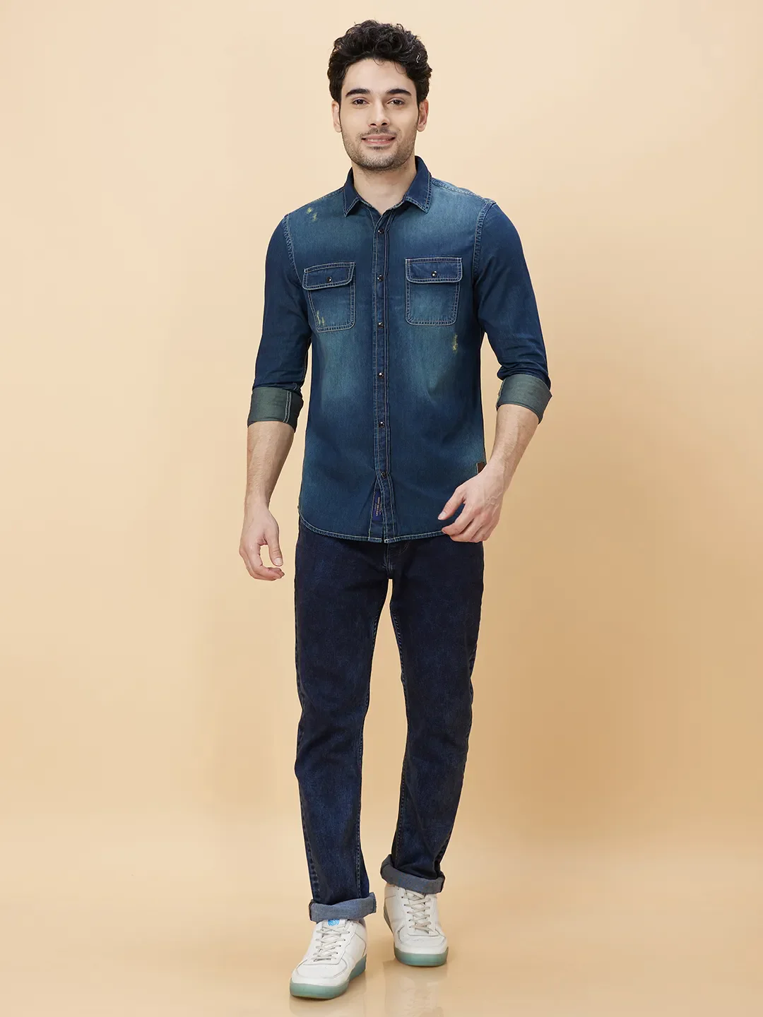 Blue Slim Straight Fit Regular Collar Long Sleeves Men's Shirt by Being Human Clothing - Image 2