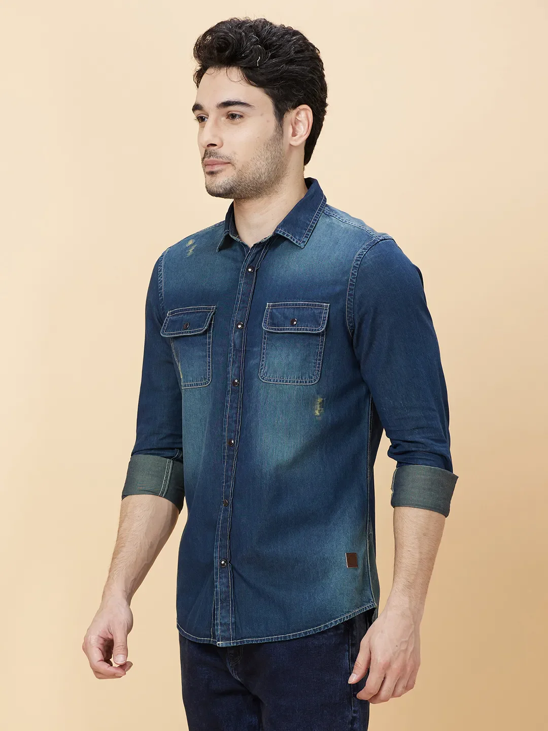 Blue Slim Straight Fit Regular Collar Long Sleeves Men's Shirt by Being Human Clothing - Image 3