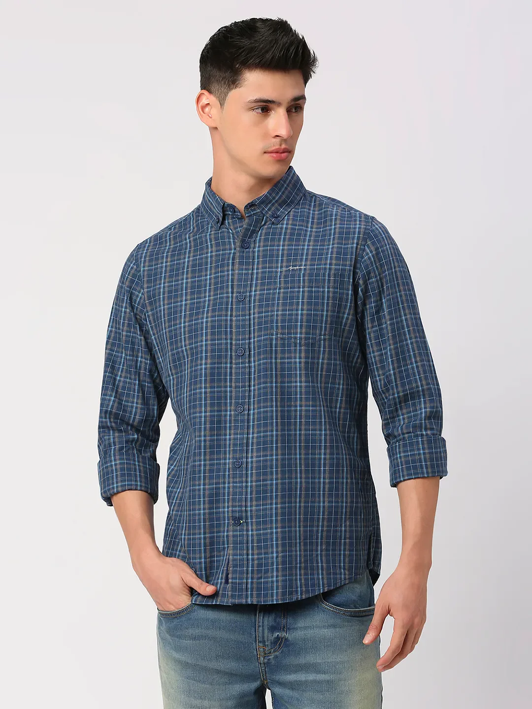 Blue Slim Straight Fit Regular Collar Long Sleeves Men's Shirt by Being Human Clothing