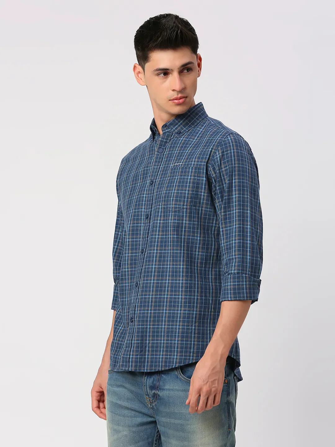 Blue Slim Straight Fit Regular Collar Long Sleeves Men's Shirt by Being Human Clothing - Image 2
