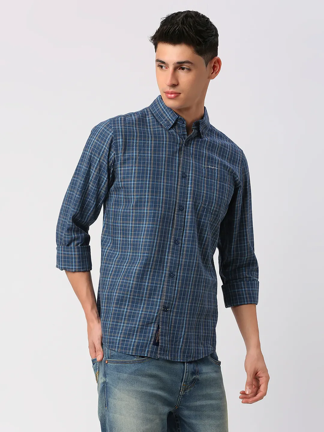 Blue Slim Straight Fit Regular Collar Long Sleeves Men's Shirt by Being Human Clothing - Image 3
