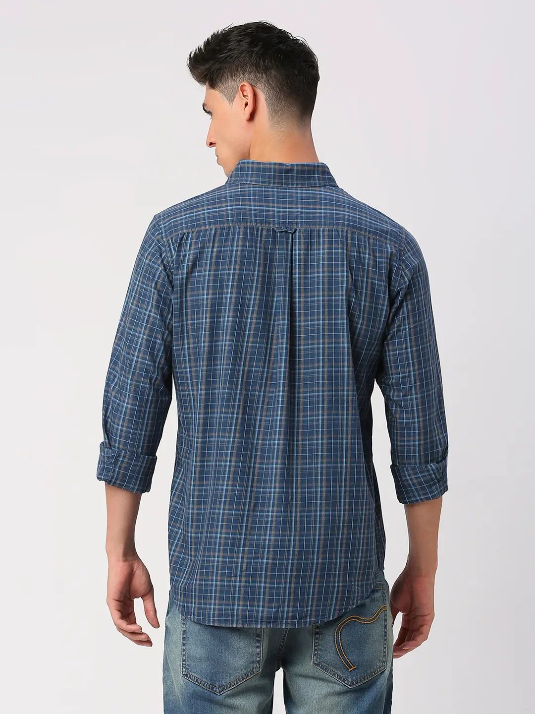 Blue Slim Straight Fit Regular Collar Long Sleeves Men's Shirt by Being Human Clothing - Image 4