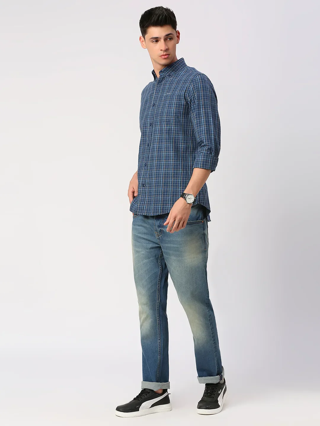 Blue Slim Straight Fit Regular Collar Long Sleeves Men's Shirt by Being Human Clothing - Image 6