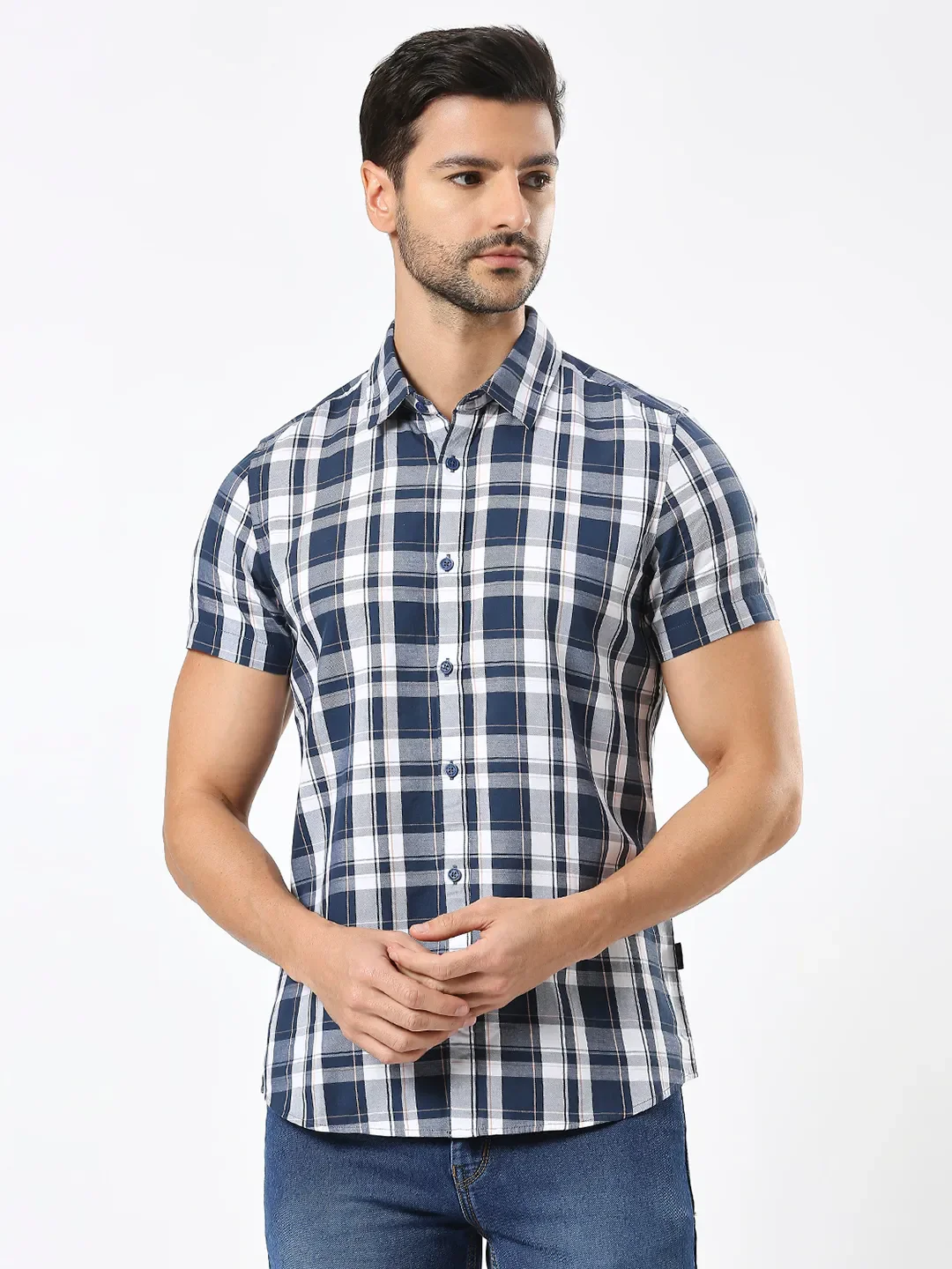 Blue Slim Straight Fit Regular Collar Short Sleeves Men's Shirt by Being Human Clothing